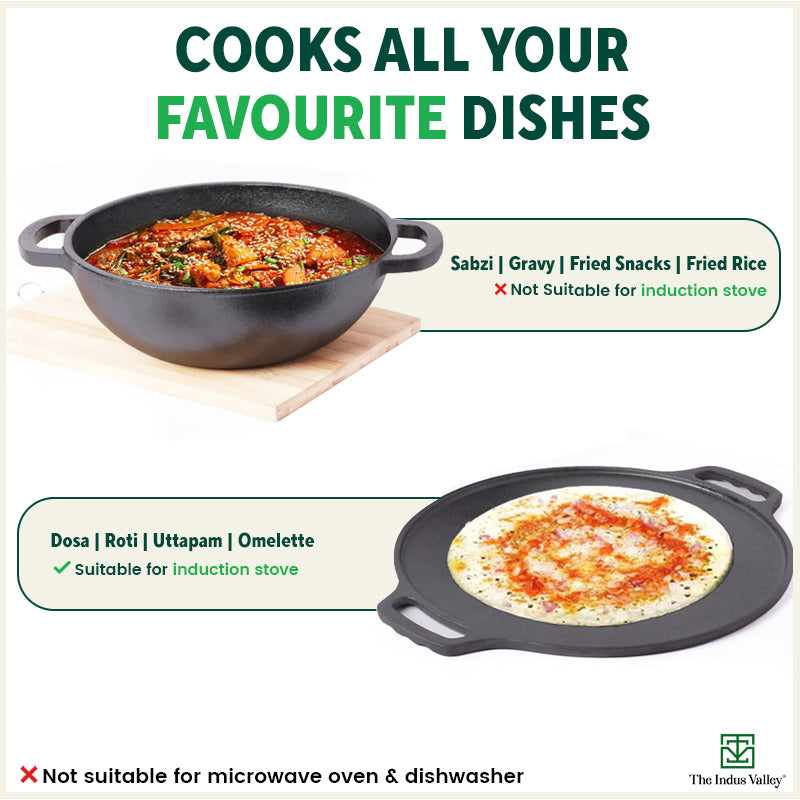 CASTrong Cast Iron Cookware Set: Free ₹400 Tadka Pan+ Tawa+ Kadai, Kitchen Set for Home, Pre-seasoned, 100% Pure, Toxin-free, Induction