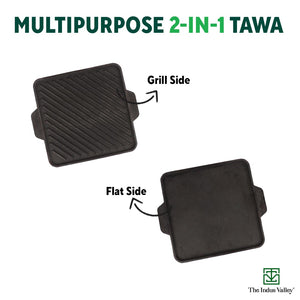 CASTrong Cast Iron 2-in-1 Griddle (Grill Pan + Tawa), Pre-seasoned, 100% Pure, Toxin-free,  Induction, Square,  27.2cm, 4.1 Kg