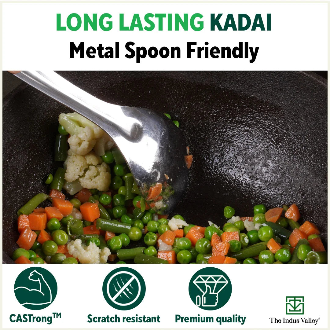 CASTrong Cast Iron Kadai, Pre-seasoned, Nonstick, 100% Pure, Toxin-free, 27cm, 2.5L, 2.5kg