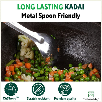 CASTrong Cast Iron Wok Kadai, Pre-seasoned, 100% Pure, Toxin-free, 31cm, 3.2L, 2.8kg