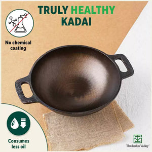 Super Smooth Cast Iron Kadai+ Free ₹110 Spatula,Pre-seasoned, Nonstick, 100% Pure, Toxin-free, 25.4cm, 2.5L, 2.4kg