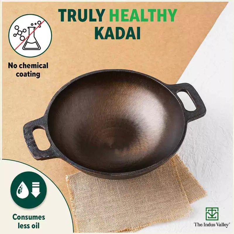 Super Smooth Cast Iron Kadai+ Free ₹110 Spatula,Pre-seasoned, Nonstick, 100% Pure, Toxin-free, 25.4cm, 2.5L, 2.4kg