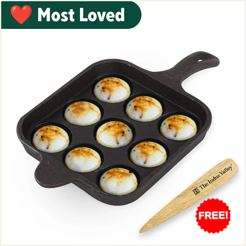 9 Pit/Cup CASTrong Cast Iron Paniyaram/Appe pan+ Free Spatula, Square, Long handle, Pre-seasoned, Nonstick, 100% Pure, Toxin-free, 18.5cm, 2.4kg