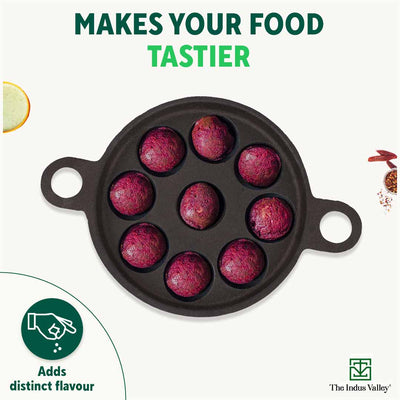 Super Smooth 9 Pit/Cup Cast Iron Paniyaram/Appe Pan+ Free Spatula, Pre-seasoned, Natural Nonstick, 100% Pure, Toxin-free, 21 cm, 2.8kg