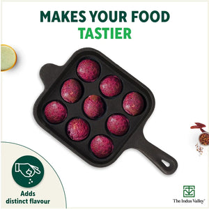 9 Pit/Cup CASTrong Cast Iron Paniyaram/Appe pan+ Free Spatula, Square, Long handle, Pre-seasoned, Nonstick, 100% Pure, Toxin-free, 18.5cm, 2.4kg