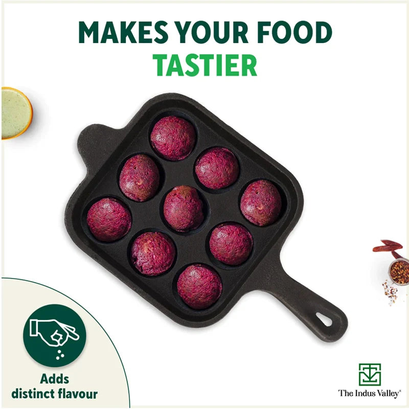 9 Pit/Cup CASTrong Cast Iron Paniyaram/Appe pan+ Free Spatula, Square, Long handle, Pre-seasoned, Nonstick, 100% Pure, Toxin-free, 18.5cm, 2.4kg