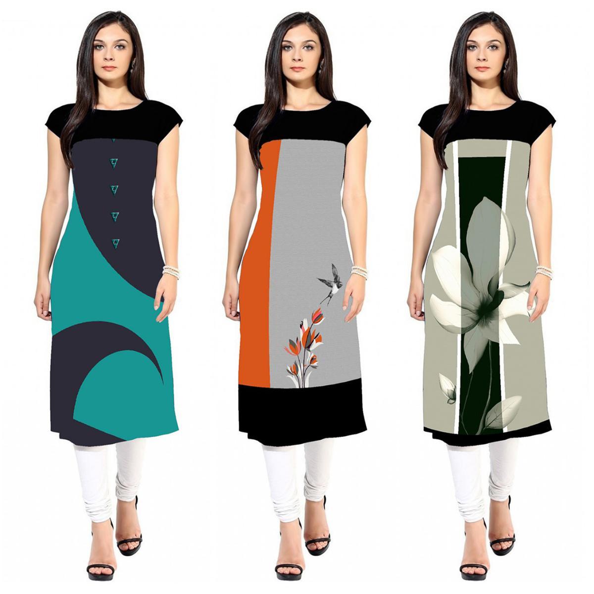 Casual Printed Crepe Kurti - Pack of 3