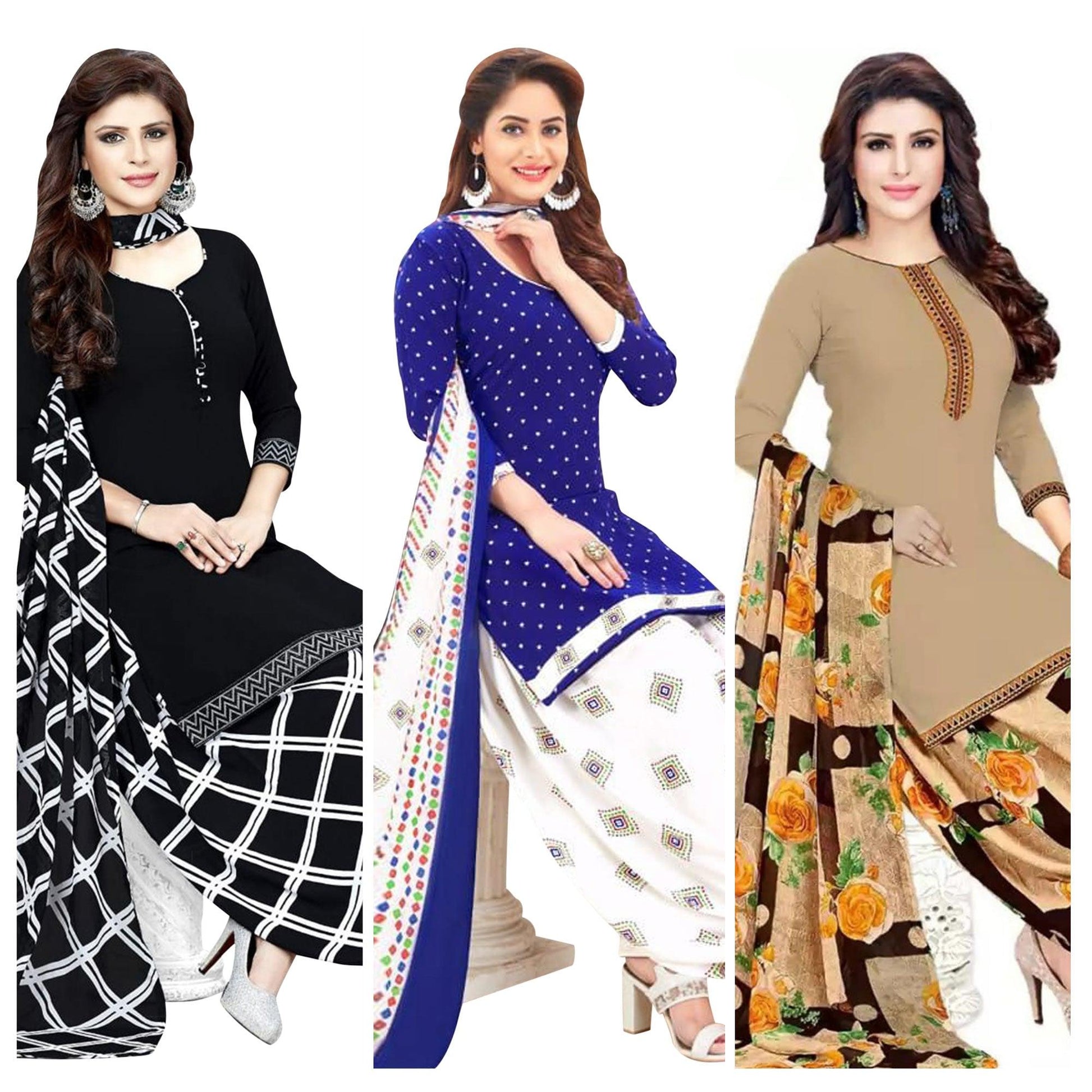 Casual Wear Printed Crepe Dress Material - Pack Of 3