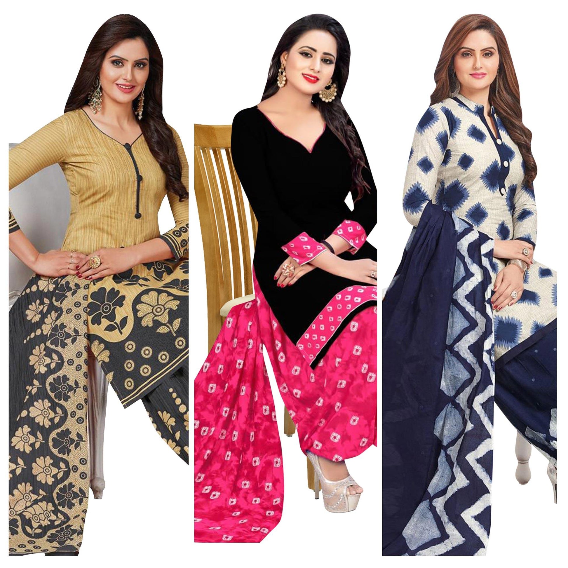Casual Wear Printed Crepe Dress Material - Pack Of 3