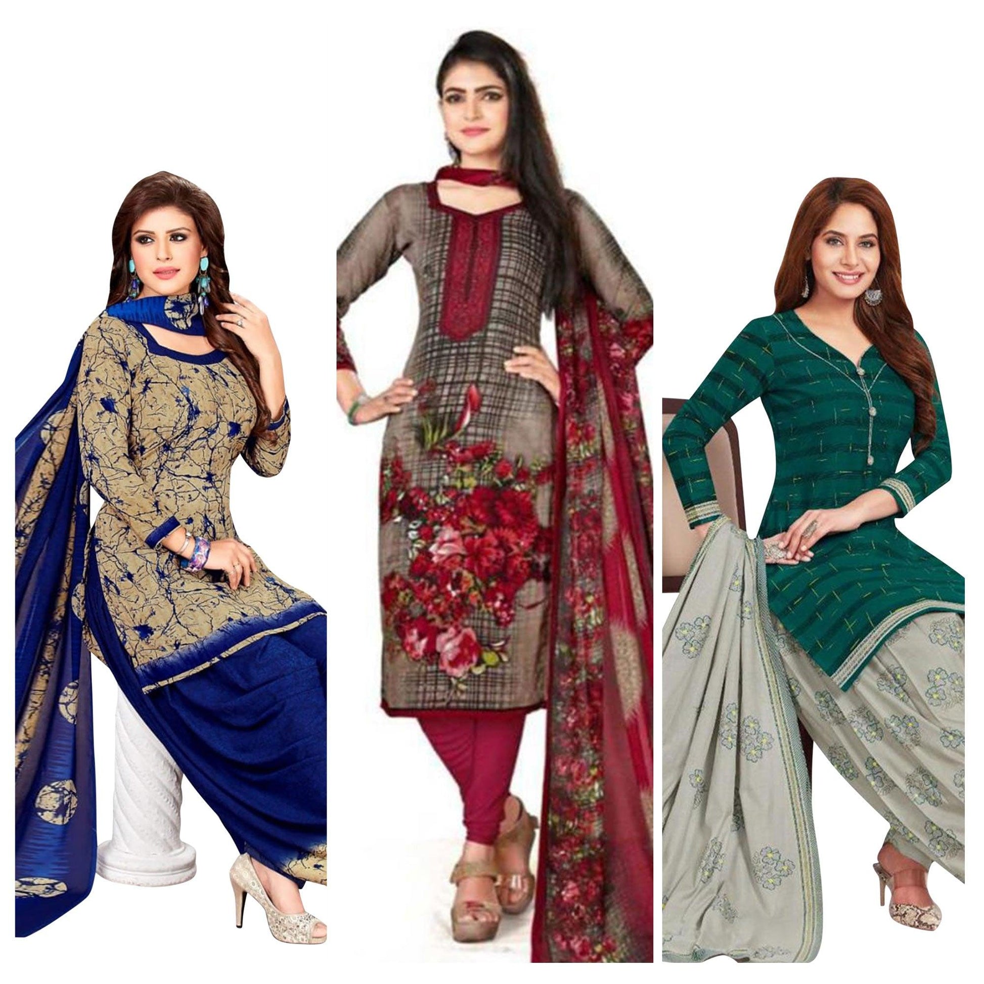 Casual Wear Printed Poly Crepe Dress Material - Pack Of 3