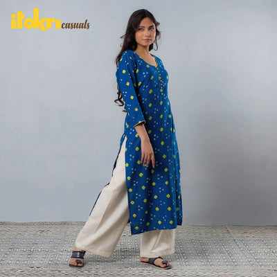 Blue - Bandhani Tie-dye Cotton Long Straight Kurta