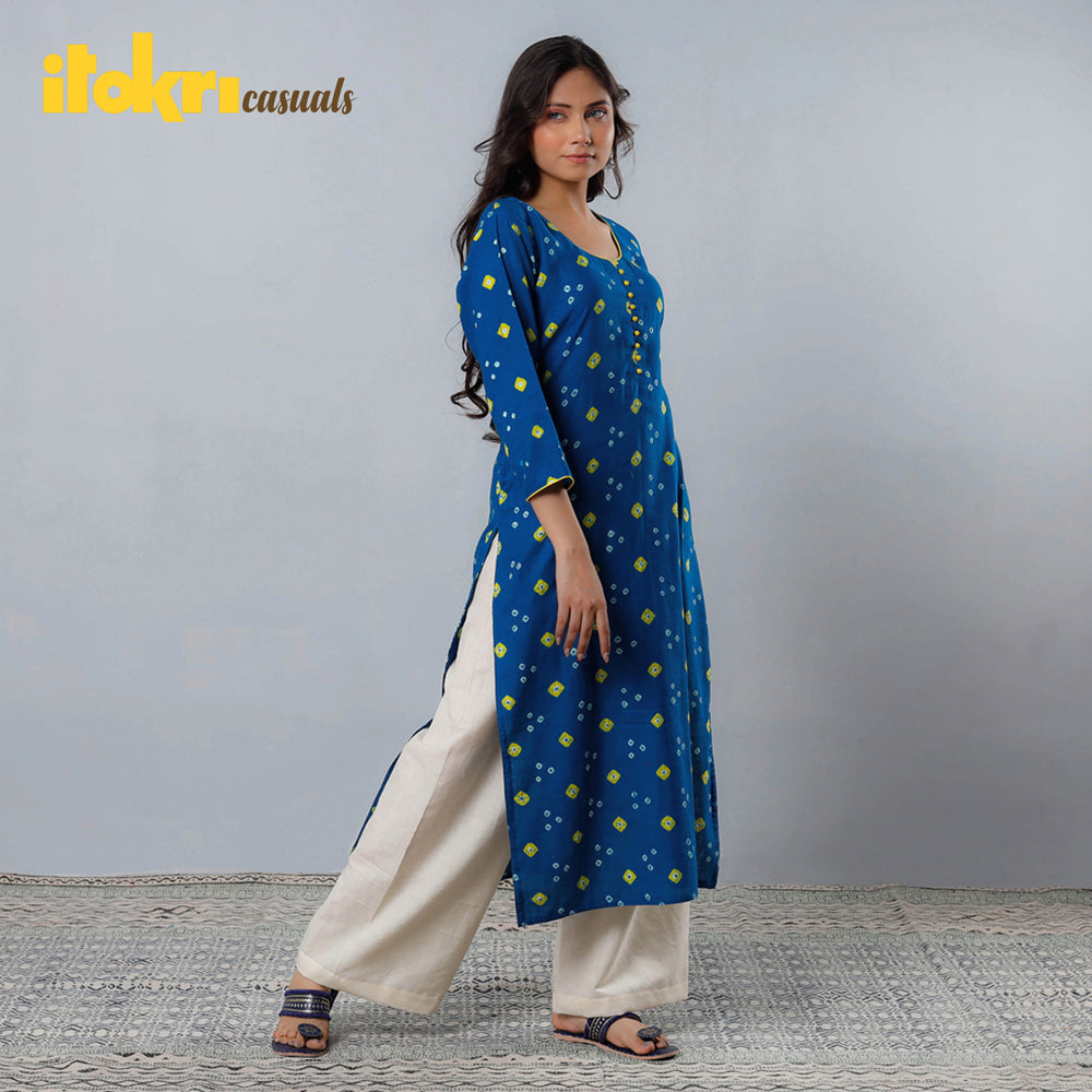 Blue - Bandhani Tie-dye Cotton Long Straight Kurta