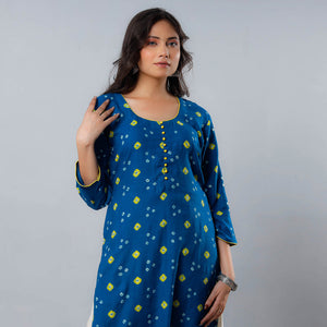 Blue - Bandhani Tie-dye Cotton Long Straight Kurta