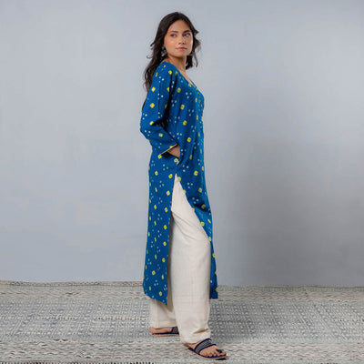 Blue - Bandhani Tie-dye Cotton Long Straight Kurta