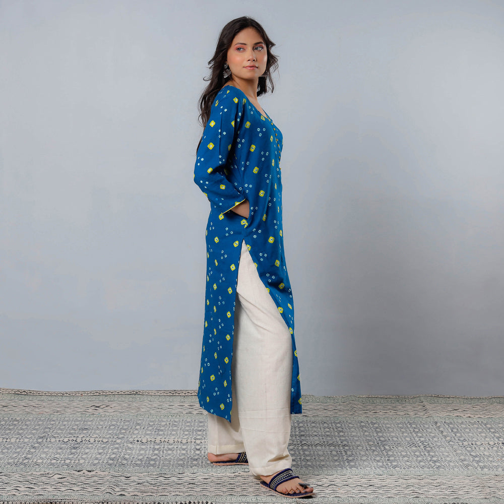 Blue - Bandhani Tie-dye Cotton Long Straight Kurta