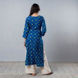 Blue - Bandhani Tie-dye Cotton Long Straight Kurta