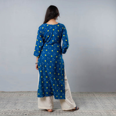 Blue - Bandhani Tie-dye Cotton Long Straight Kurta