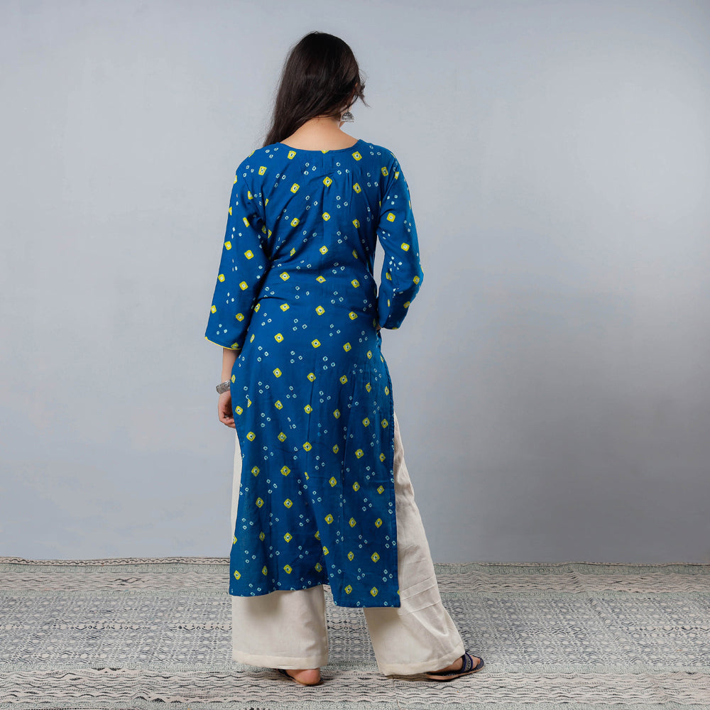 Blue - Bandhani Tie-dye Cotton Long Straight Kurta