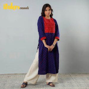 Blue - Bandhani Tie-dye Cotton Long Straight Kurta