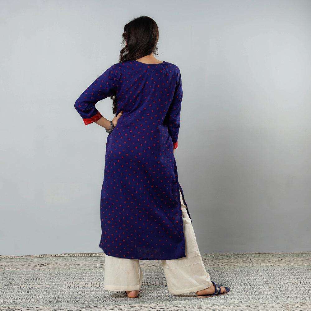 Blue - Bandhani Tie-dye Cotton Long Straight Kurta