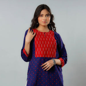 Blue - Bandhani Tie-dye Cotton Long Straight Kurta