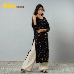 Black - Bandhani Tie-dye Cotton Long Straight Kurta
