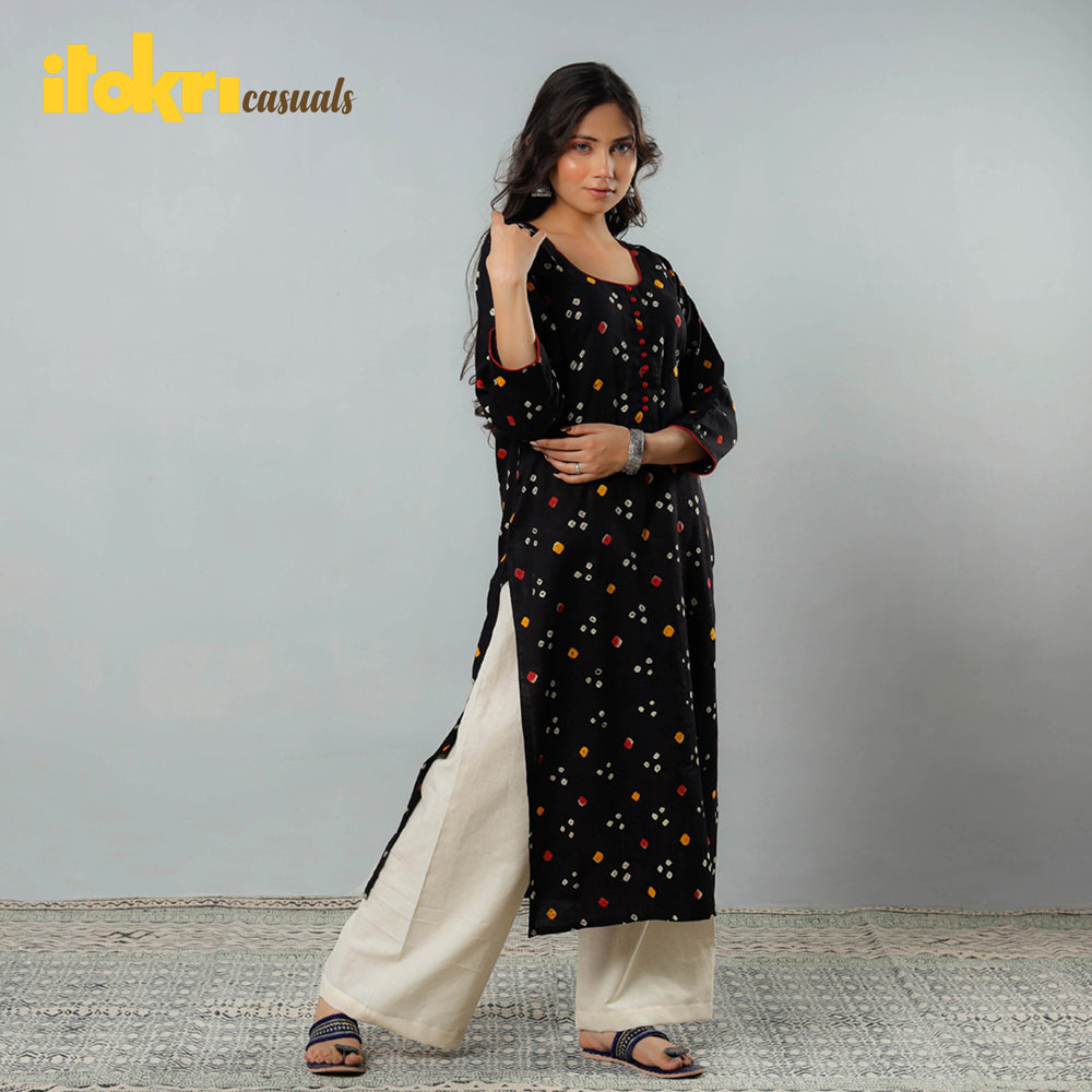 Black - Bandhani Tie-dye Cotton Long Straight Kurta