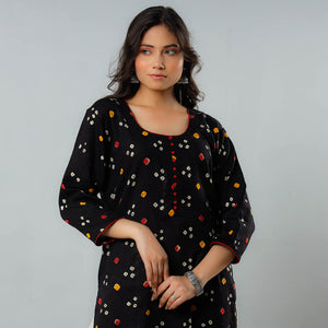 Black - Bandhani Tie-dye Cotton Long Straight Kurta