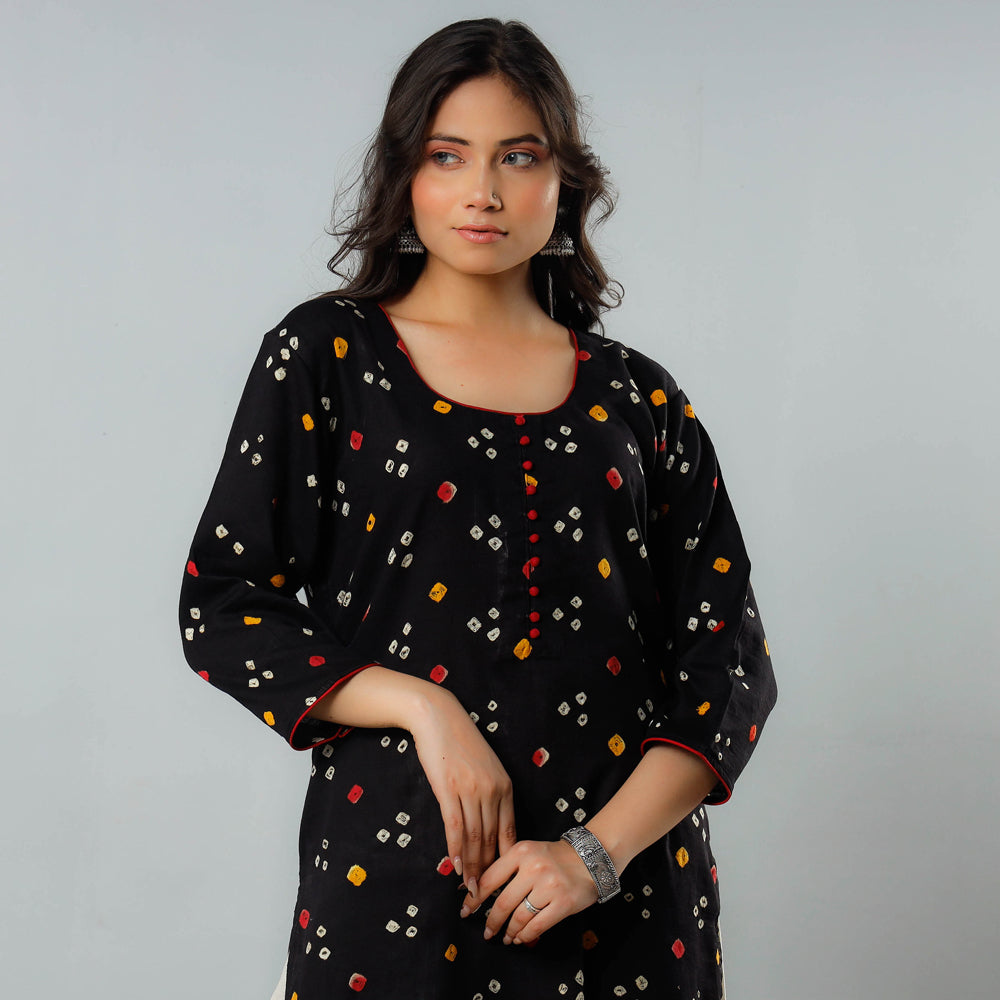 Black - Bandhani Tie-dye Cotton Long Straight Kurta