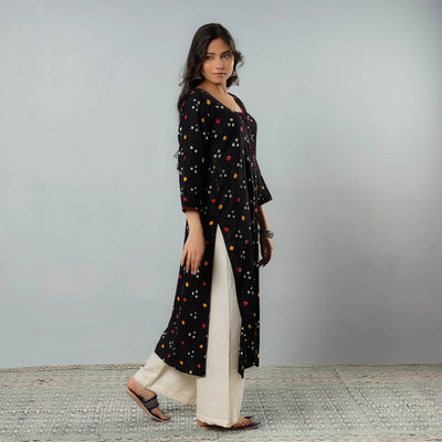 Black - Bandhani Tie-dye Cotton Long Straight Kurta