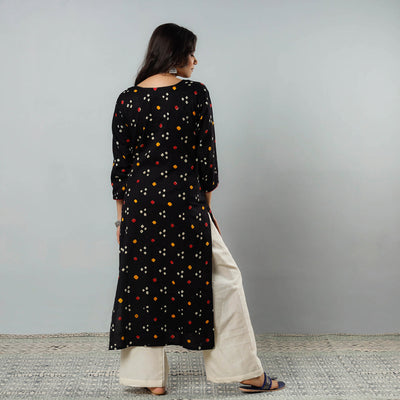 Black - Bandhani Tie-dye Cotton Long Straight Kurta