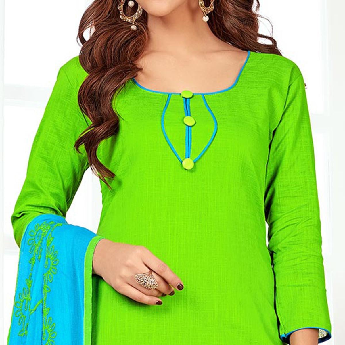 Catchy Green Colored Casual Wear Cotton Suit