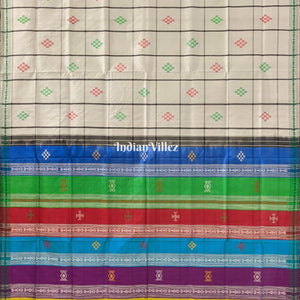 White Grey Double Pallu Pasapali Theme Berhampuri Silk Saree