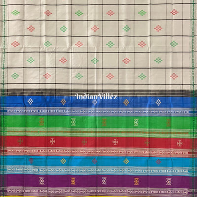 White Grey Double Pallu Pasapali Theme Berhampuri Silk Saree