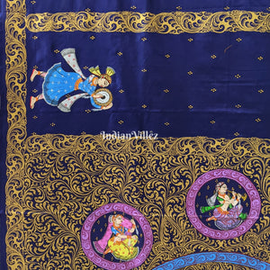 Navy Blue Nartaki Theme Hand-Painted Pattachitra Saree