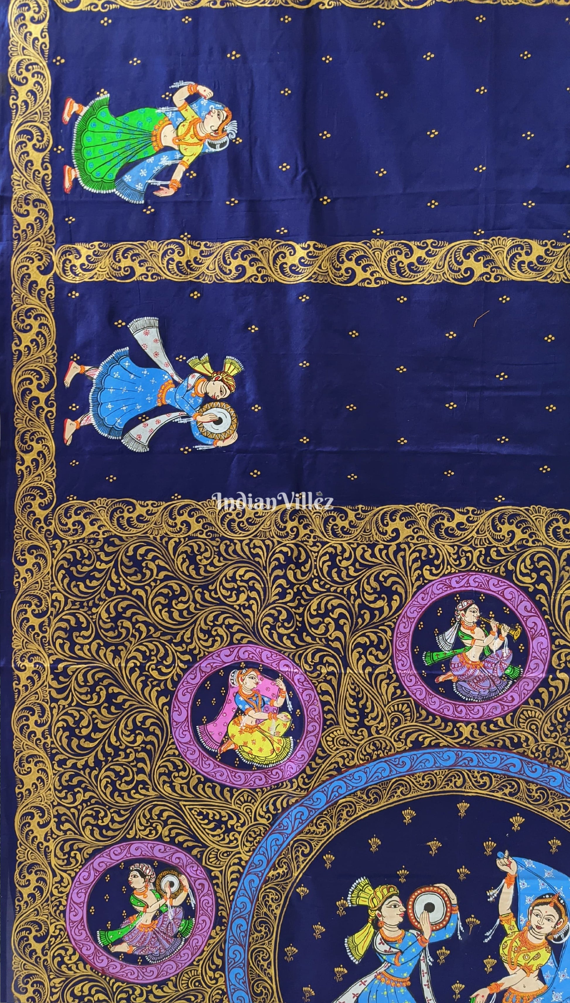 Navy Blue Nartaki Theme Hand-Painted Pattachitra Saree