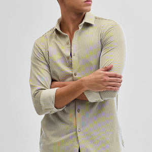 Beige Stripes Slim Fit Stretch Shirt