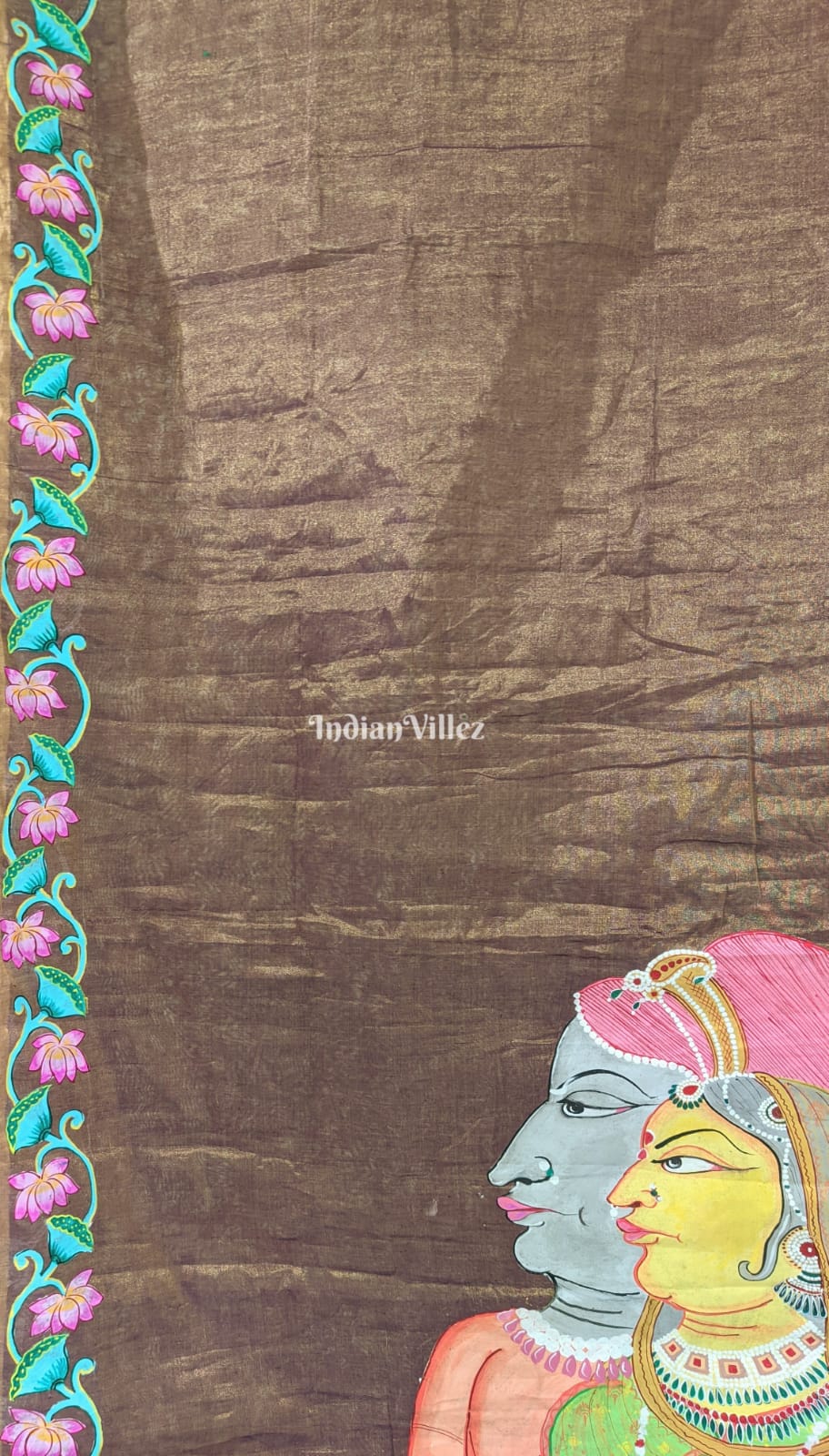 Golden with Purple Tinch Raja Rani Hand-Painted Pattachitra Saree