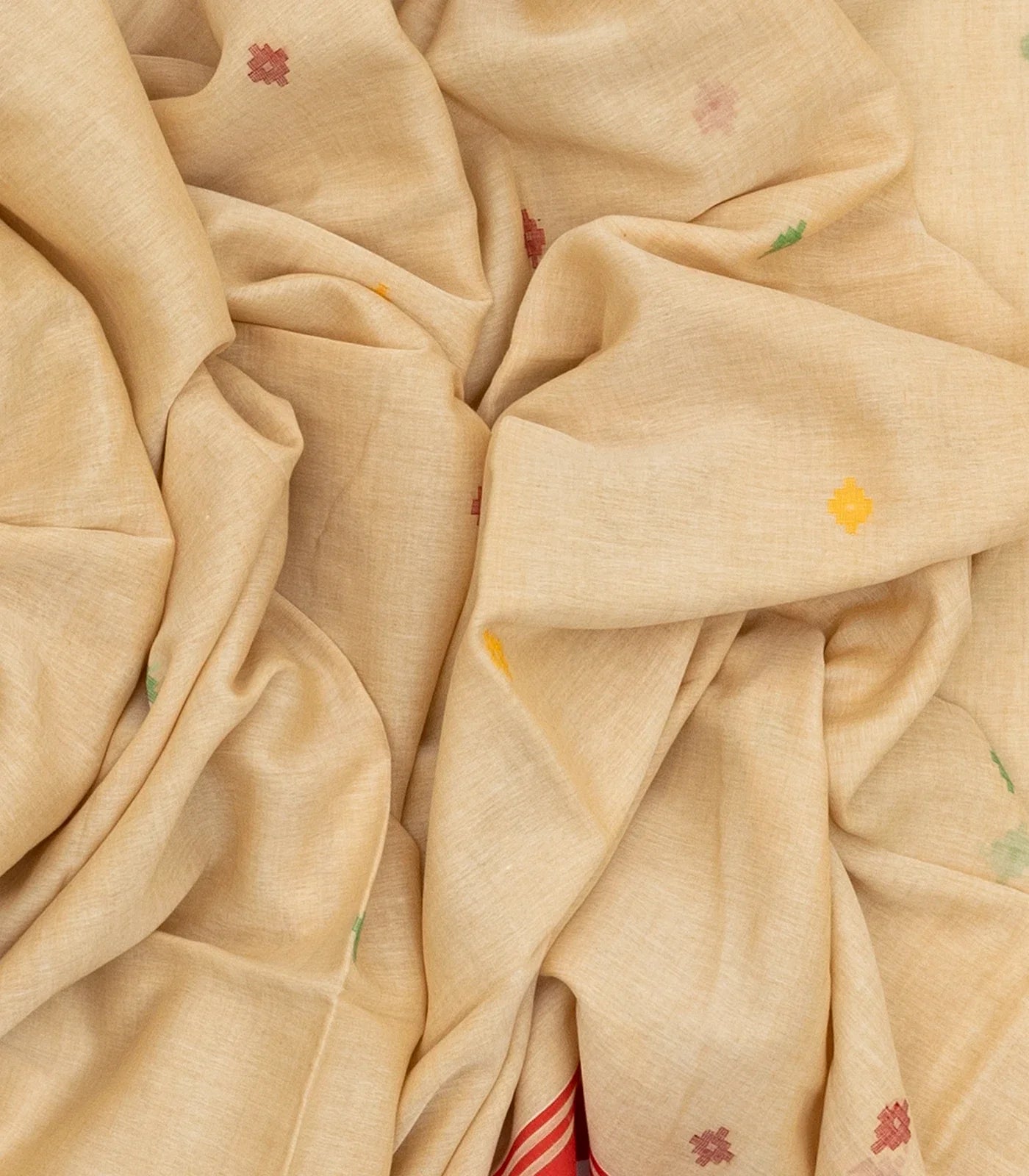 Beige Handloom Bengal Cotton Saree With Plus Buttas