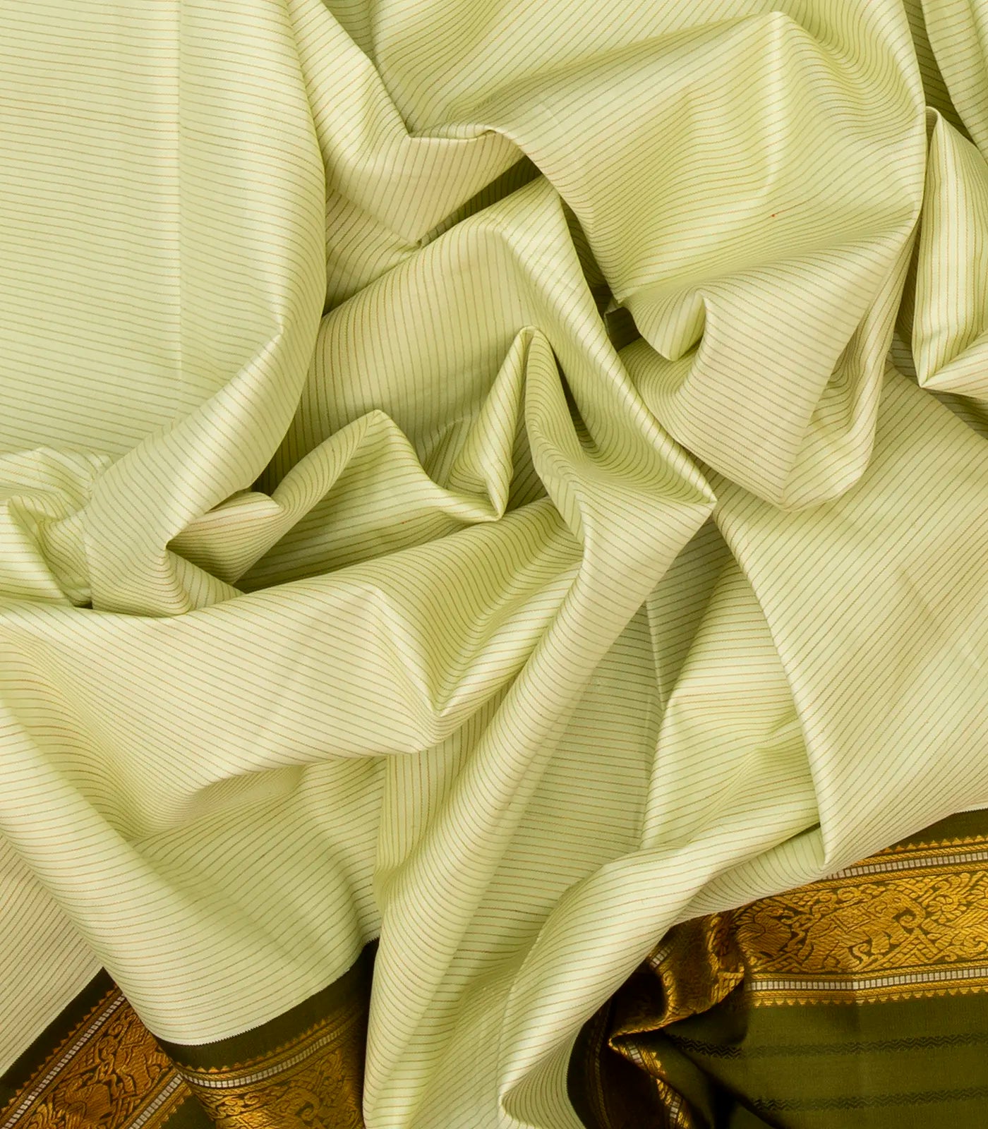 Light Green Handloom Kanchipuram Korvai Silk Saree With Stripes