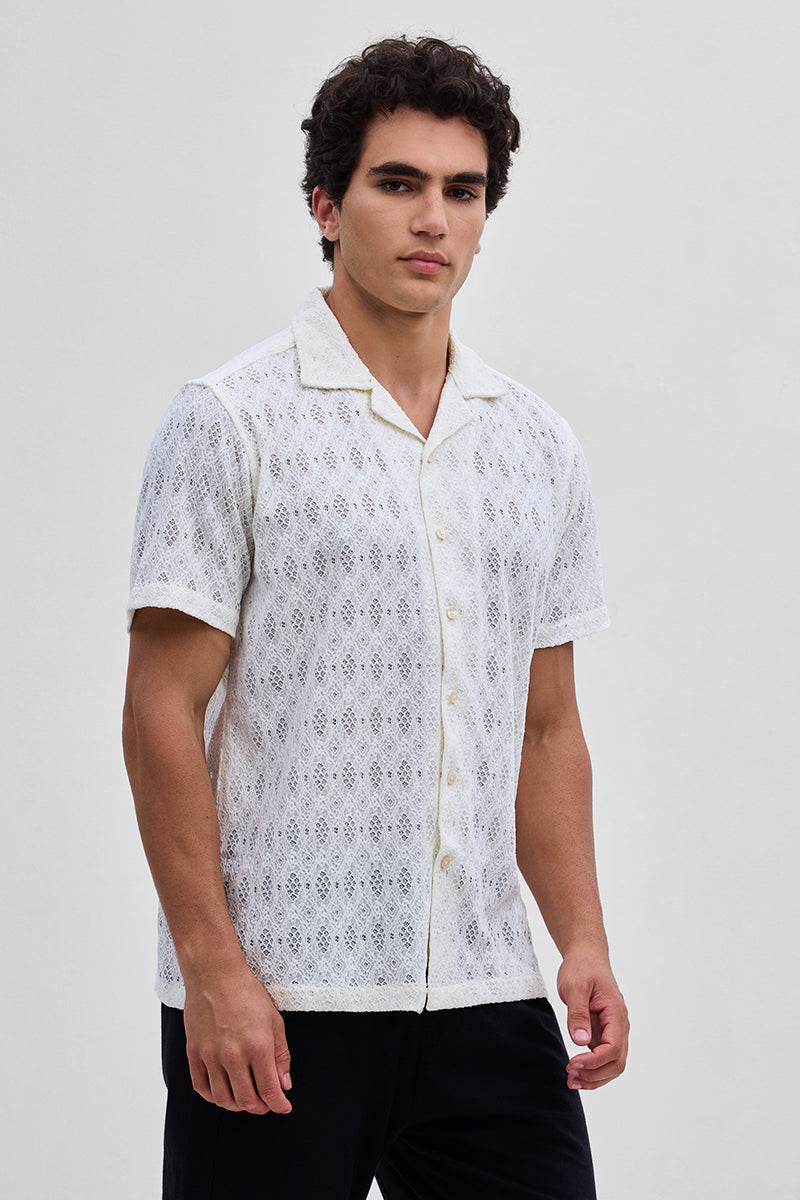 White Self-Design Crochet Shirt