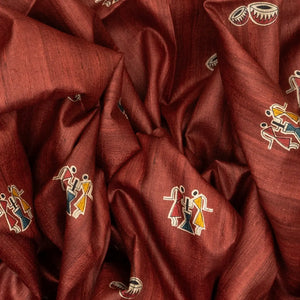 Coral Red Handloom Tussar Silk Saree With Printed Tribal Motifs