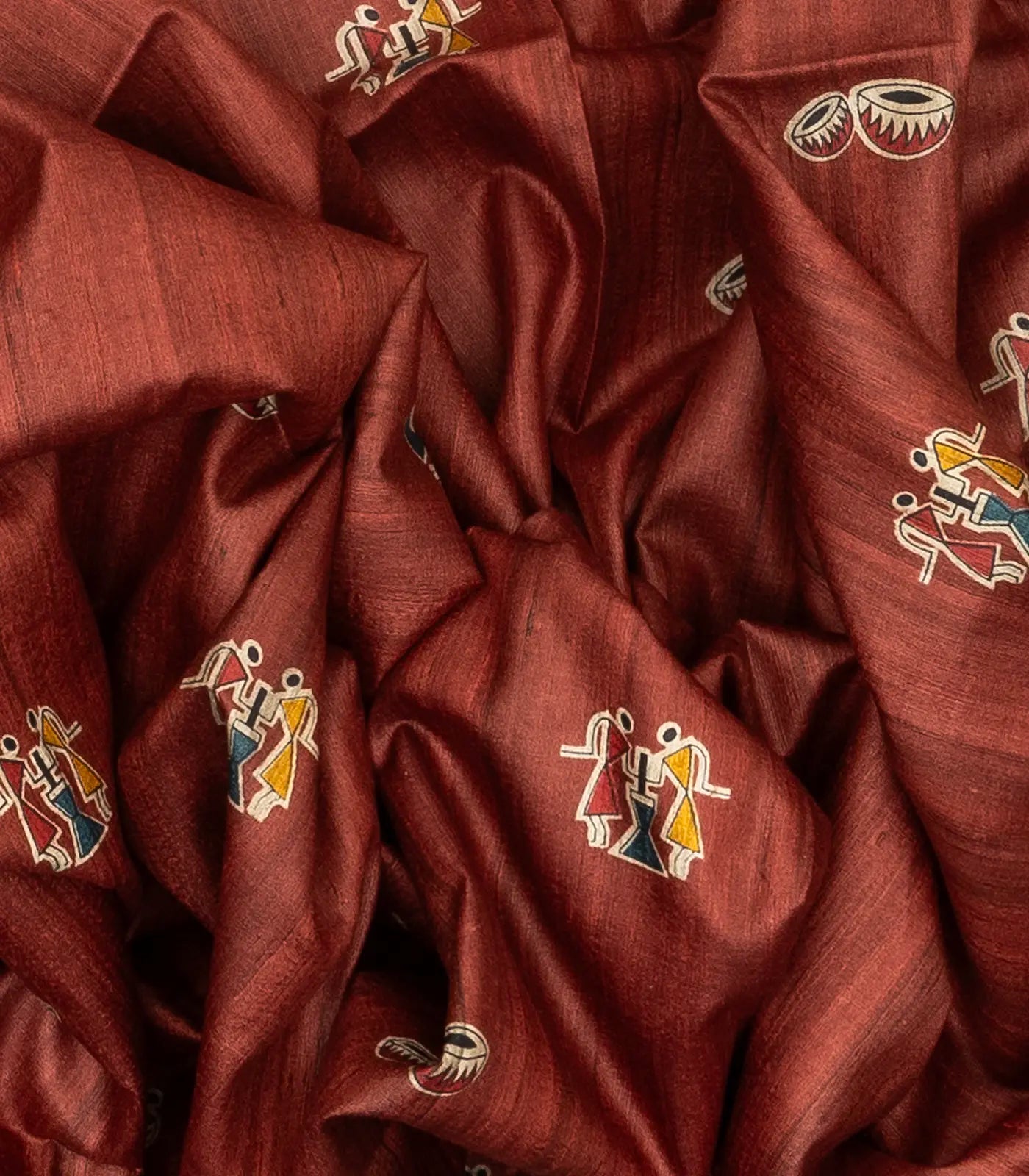 Coral Red Handloom Tussar Silk Saree With Printed Tribal Motifs