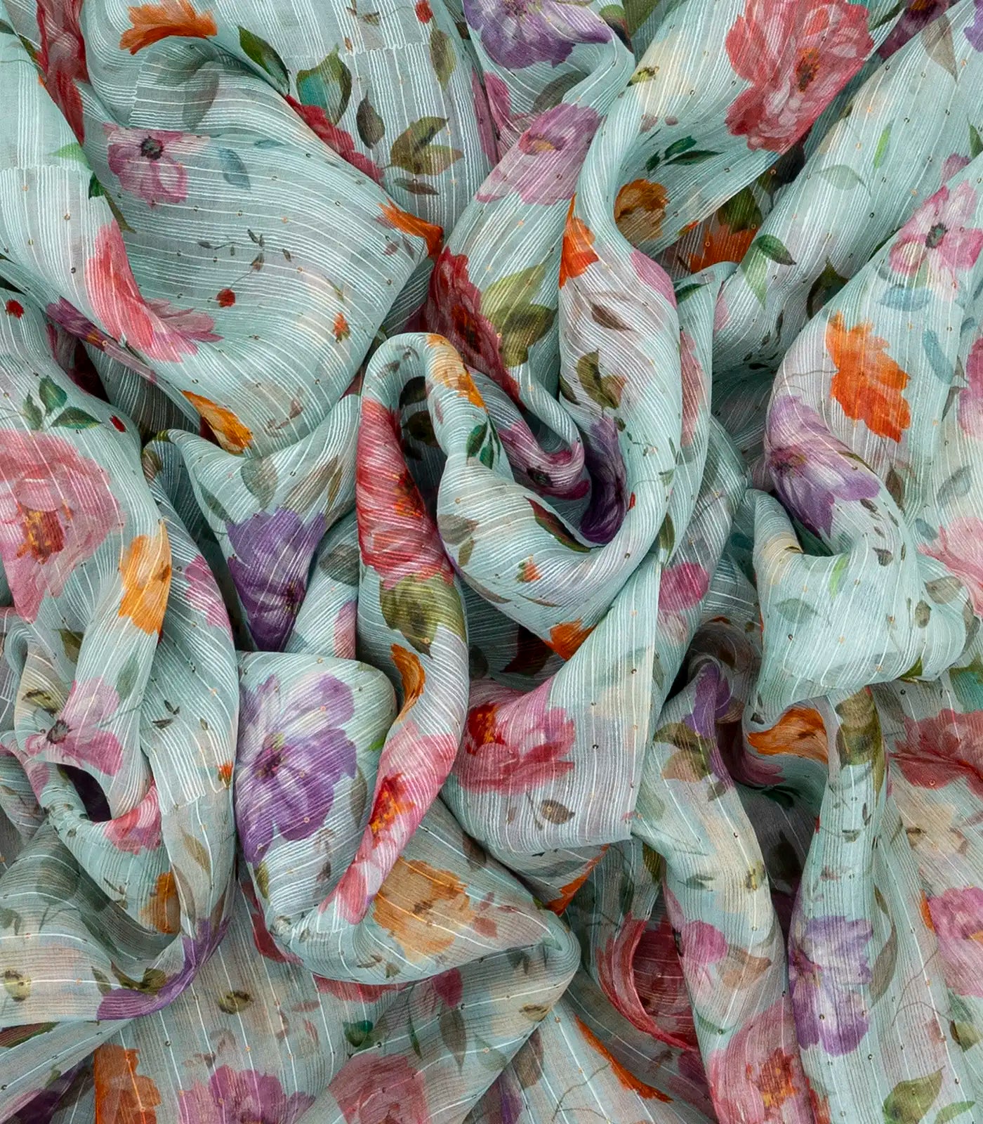 Turquoise Handloom Tussar Linen Blend Silk Saree Printed With Floral Motifs