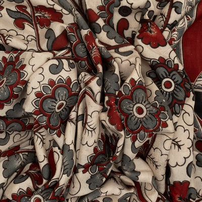 White Handloom Kalamkari Cotton Saree And Printed Floral Motifs