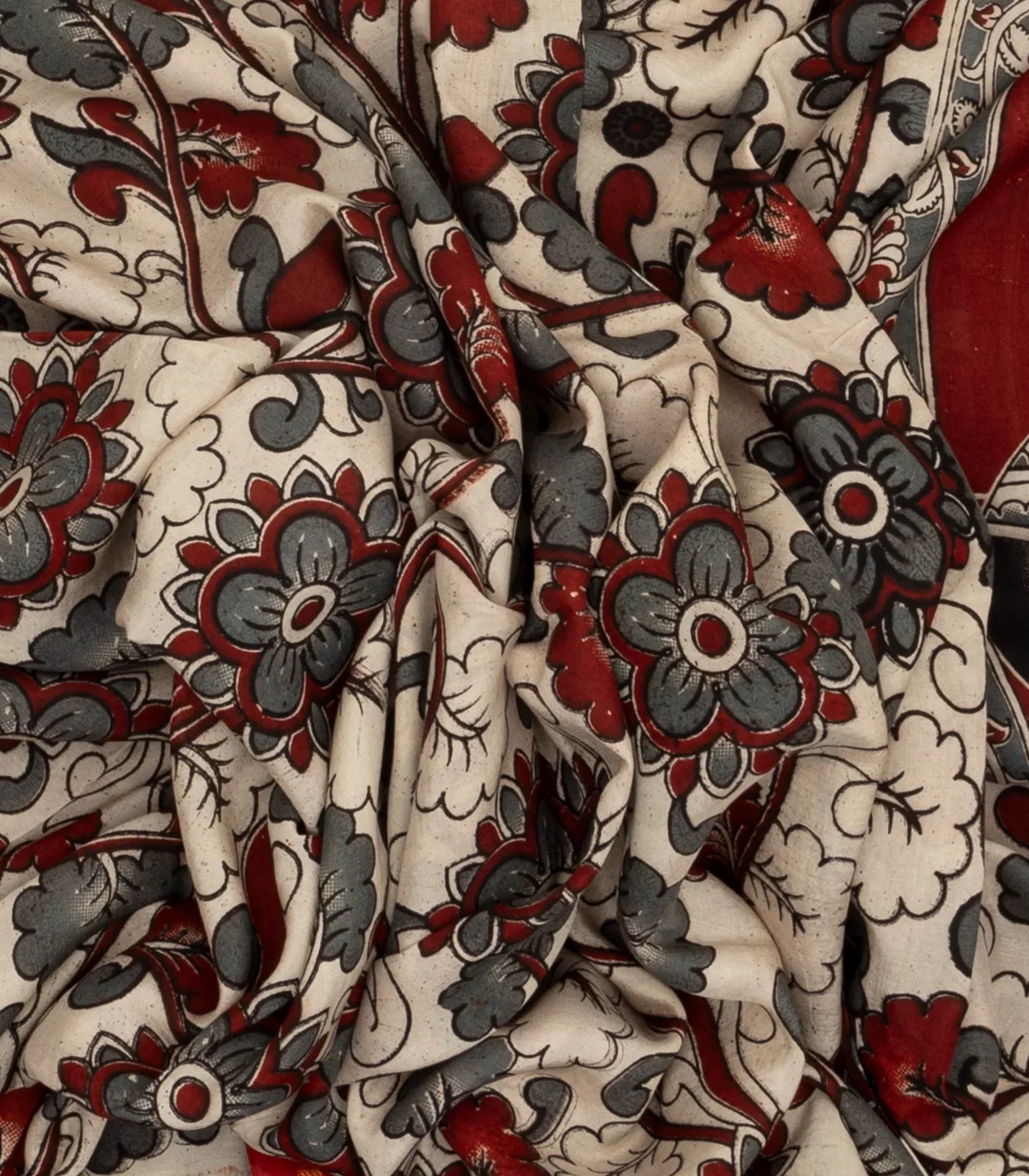 White Handloom Kalamkari Cotton Saree And Printed Floral Motifs