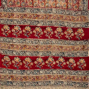 Crimson Woven Kalamkari Cotton Saree With Printed Floral Vine Motifs
