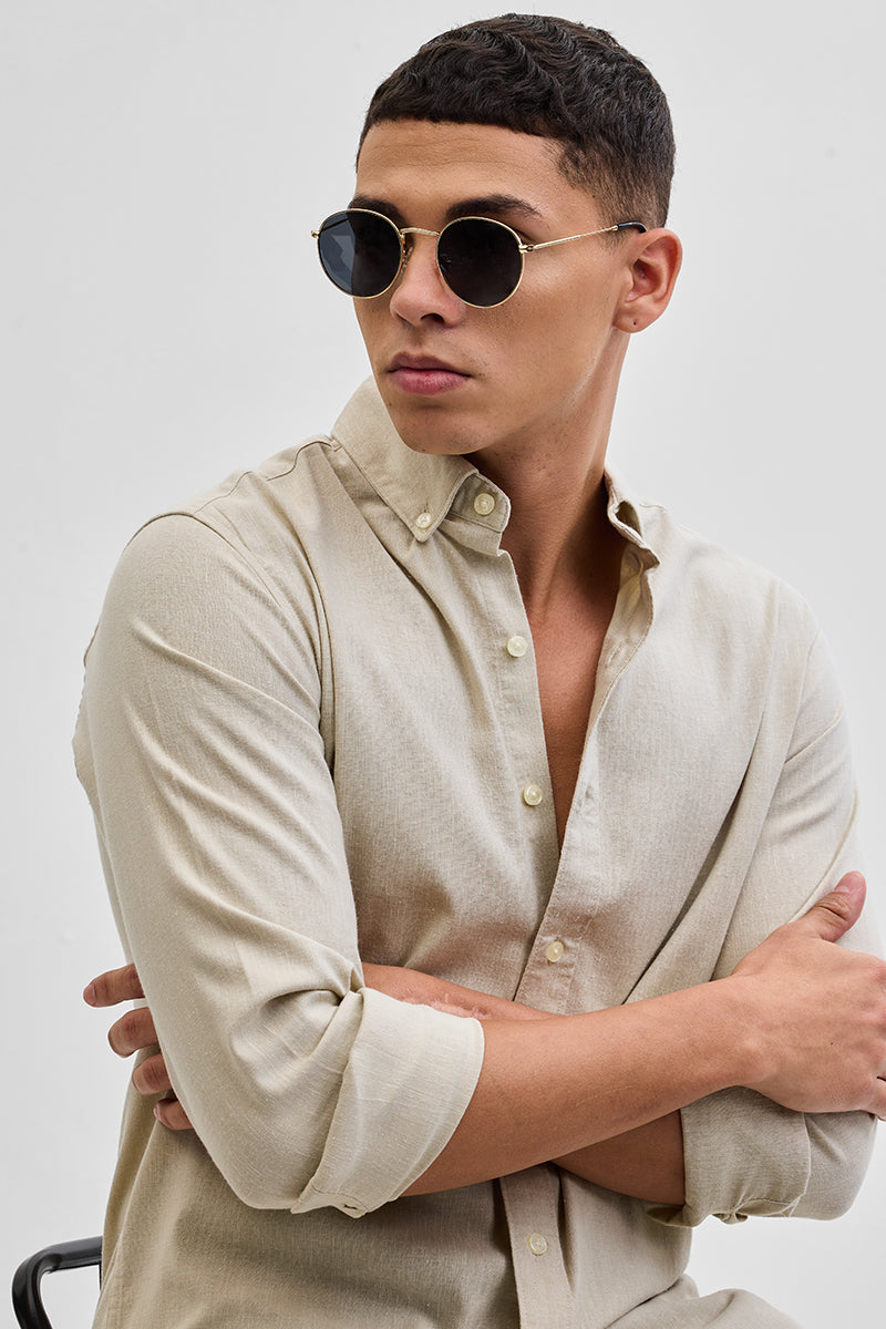 Beige Solid Oxford Shirt
