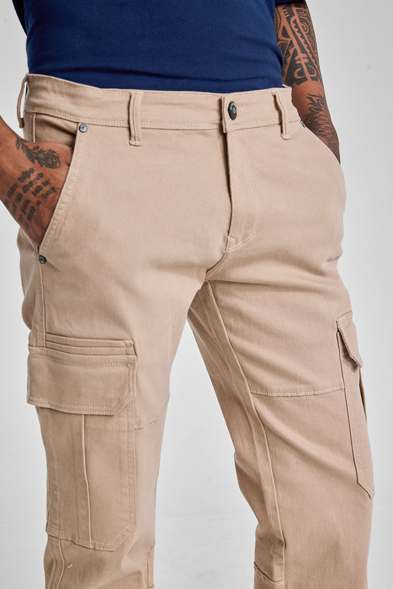 Beige Slim Fit Cargo Jeans