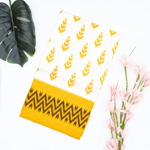 White Handloom Ikat Silk Saree With Contrast Mustard Border